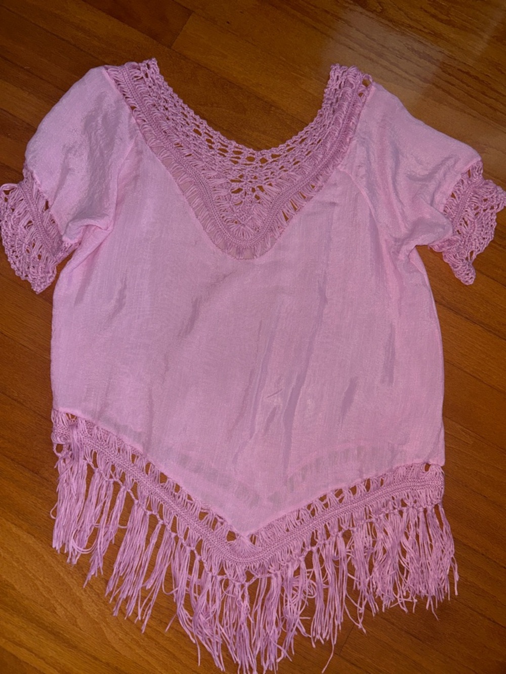Pink Crochet Fringe Beach Cover Up